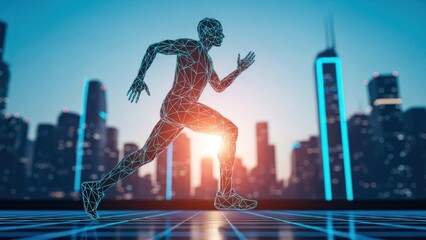 A digital runner in a wireframe form sprints across a reflective grid against a city backdrop