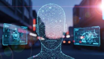 A futuristic AI face overlaid on a cityscape with holographic interfaces and glowing circuits