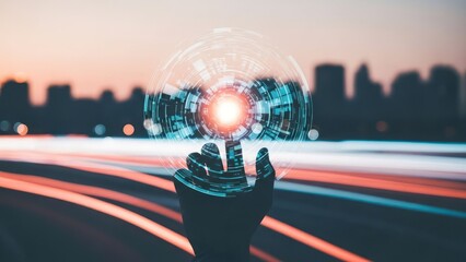 A hand reaching towards a glowing digital sphere, against a blurred city backdrop