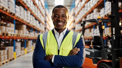 African American man in yellow safety vest stands arms crossed in warehouse, shifting from serious to smiling expression near forklift. Logistics supervisor portrait sequence. Video footage.