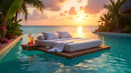 Obraz premium Elegant double bed floating in a turquoise pool, fluffy pillows and smooth linens, warm sunset light, luxury summer holiday concept