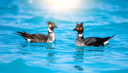 Two Red-breasted Mergansers Swimming in Blue Water on a Sunny Day.