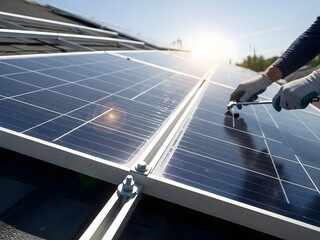 Person installing solar panels on a rooftop with a clear blue sky and sunshine