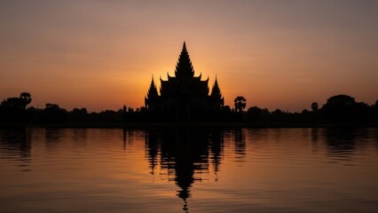 Fototapeta premium A silhouetted ornate structure reflects in calm water during a fiery sunset
