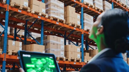 Over-the-shoulder view of asian woman using tablet in warehouse. Digital augmented reality scan of inventory boxes on shelves. Logistics supply chain management and visualization footage. - Powered by Adobe