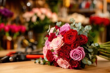 Obraz premium A vibrant bouquet of red, pink and white roses with greenery rests on a wooden table under warm soft lighting