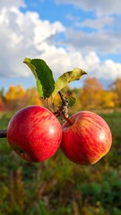 Two ripe apples on a branch against a blue sky.