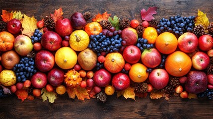 Autumnal fruit and nut medley on wooden surface