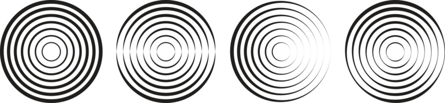 Red concentric ripple circles set. Sonar or sound wave rings collection. Epicentre, target, radar icon concept. Radial signal or vibration elements. Halftone vector illustration