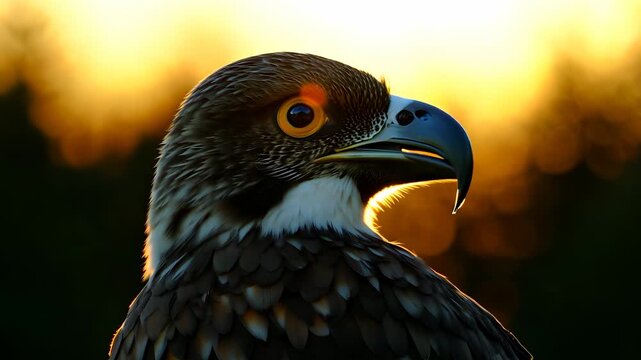 A majestic eagle stands poised against a vibrant sunset, showcasing its sharp beak and piercing eyes. This eagle, framed by the colorful backdrop, captures attention in nature.