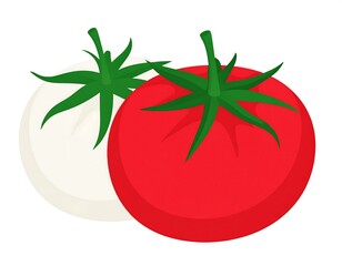 Two cartoon tomatoes, one red and one white, with green stems and leaves, set against a plain white background