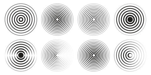 Set of echo pattern with shockwave and radiate wave. Circular radial round concentric rings. Sonic pulse texture with energy explosion and vibration.