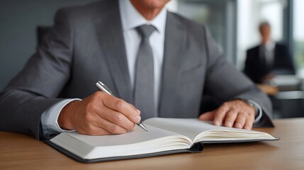 A businessman in a suit writes in an open notebook on a wooden desk in an office setting