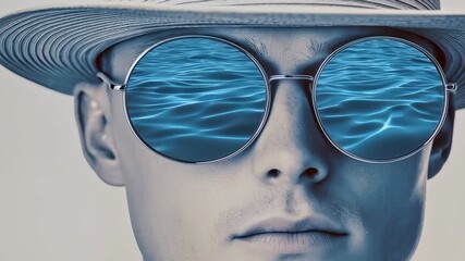 Man with round sunglasses and straw hat gazes forward with ocean wave reflections in the lenses, set against a clean neutral background with available copy space for text and design on the left side