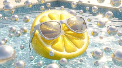 Cool Lemon Slice with Sunglasses Floating in a Blue Swimming Pool