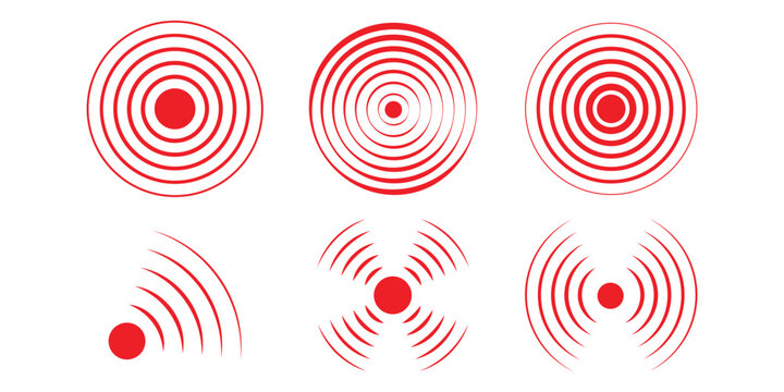 Red concentric ripple circles set. Sonar or sound wave rings collection. Epicentre, target, radar icon concept. Radial signal or vibration elements. Halftone vector Dashed and dotted line rippled