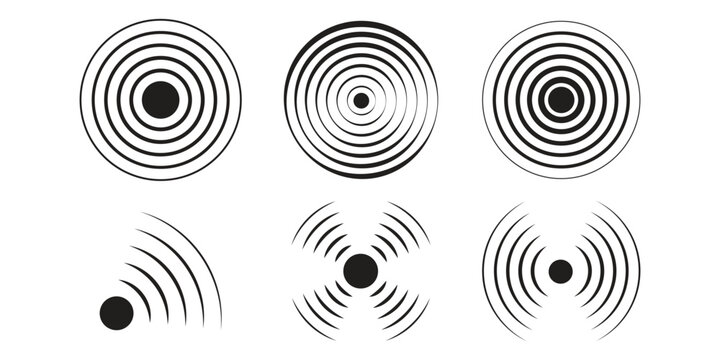 Abstract round patterns set isolated on background. Vector illustration of black circles with dots, lines and waves, rippled sound or radio signal rings, radial vibration effect, epicenter icons