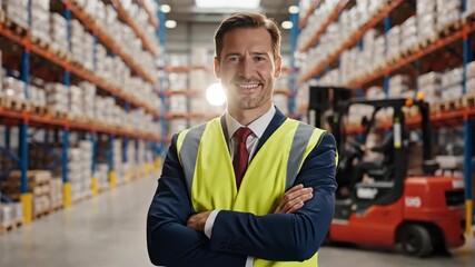 Confident businessman in high visibility vest standing arms crossed in modern warehouse. Smiling warehouse manager posing with forklift background. Professional logistics industry footage. - Powered by Adobe