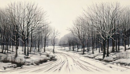 Winters Embrace - A Snowy Road Through a Forest Landscape.