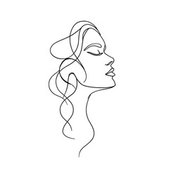 Minimalist single line illustration of a woman face profile with flowing hair. Elegant abstract contour drawing for modern branding, beauty, fashion, and wall art
