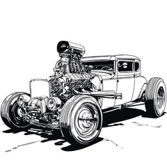 Highly detailed line art of a custom vintage hot rod with large exposed engine and classic styling, perfect for automotive design, posters, branding or merchandise