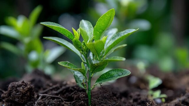 Medium shot of kumquat seedling emerging from soil highlighting early growth phase with fresh green leaves and tender stem in natural outdoor setting.