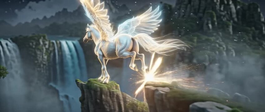 White Pegasus Sprinting Along Jagged Mountain Cliffs At Night, Mane And Wings Streaming As Sparks Of Light Erupt Around Its Body Like An Action Movie Transformation