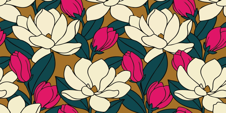 A mesmerizing floral pattern, with oversized blossoms and lush foliage, creating a bold, elegant design that's perfect for textiles, wall coverings, and decorative art.
