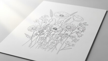 Obraz premium Delicate pencil sketch of wildflowers, including poppies and daisies, on textured paper