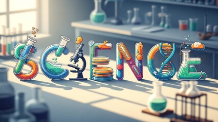 Colorful "SCIENCE" text with lab equipment integrated into letters, bright, clean setting
