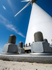 Wind turbine base with large bolts on a sunny day