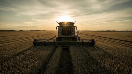 Fototapeta premium Combine harvester working in a wheat field at sunset, backlit by golden sunlight