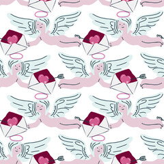 Happy Valentine's Day seamless pattern with cute little cupid and envelope. Romantic vector background.	