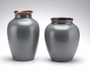 Two ceramic vases, differing in size, feature a matte gray finish with a copper-colored rim detail. The background is a clean white gradient