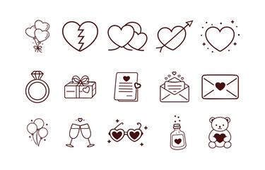 Valentine Love Line Red Outline Symbols Icons Set