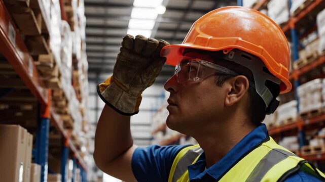 Closeup profile shot of man in warehouse looking up at shelves. Worker in hard hat and safety gear checking storage boxes. Industrial logistics and inventory inspection concept footage.