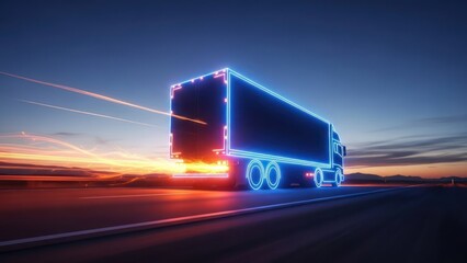 Futuristic neon outlined semi-truck driving on a highway at dusk, trails behind, glow