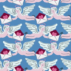 Happy Valentine's Day seamless pattern with cute little cupid and envelope. Romantic vector background.	