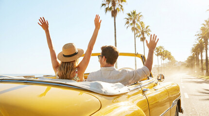 Obraz premium Young Couple Celebrating Freedom During Coastal Road Trip