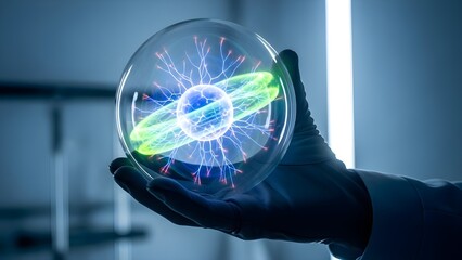 Scientist Hand Holding Futuristic Glowing Plasma Energy Sphere in High Tech Laboratory