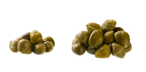 Pile marinated capers isolated on white background.
