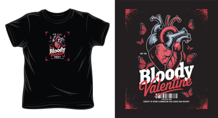 Bloody valentine streetwear t-shirt design featuring anatomical heart and butterflies in dark aesthetic style