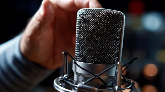 Hands adjusting the delicate diaphragm of a condenser microphone for optimal sensitivity and noise reduction in a studio setting.