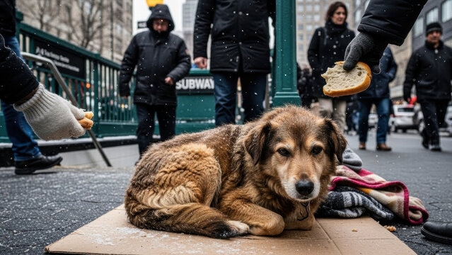 Sympathetic Support for a Street Dog: A poignant scene of care and compassion unfolds as individuals offer food and shelter to a vulnerable dog on the city streets.