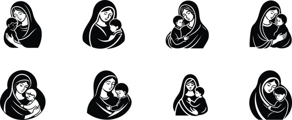 Mother and Child Hands Vector Icon Set Featuring Silhouettes of Mom and Child Holding Hands, Family Bond, Love and Care Symbols in Minimal Black Style, Editable and Scalable Vector Graphics for T-Shir