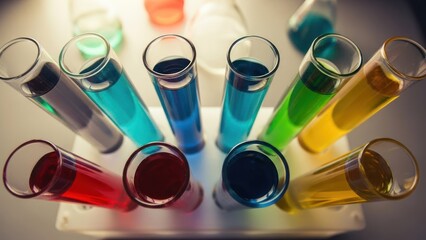 Overhead shot of test tubes filled with colorful liquids in a rack, scientific research