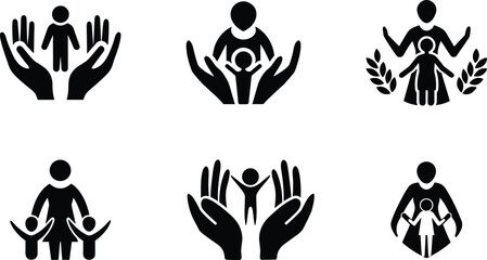 Mother Embrace Icon Set Featuring Silhouettes of Mom Hugging Child, Family Bond and Love Symbols in Minimal Black Style, Editable and Scalable Vector Graphics for T-Shirts, Greeting Cards, POD, Web, P