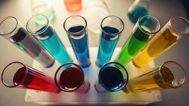 Overhead shot of test tubes filled with colorful liquids in a rack, scientific research - Powered by Adobe