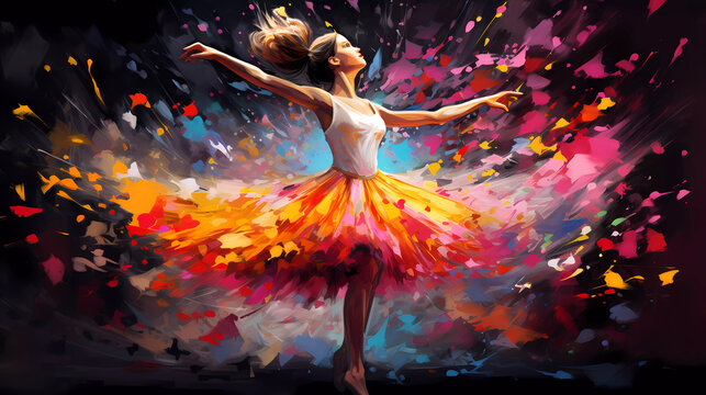The girl is dancing. A burst of colors against a dark background.
