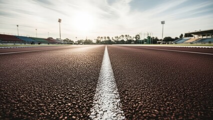 Running track perspective, sunlight, empty stadium, athletic field, competition, focus